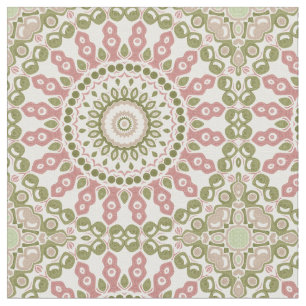 Tecido Padrão Boêmio Vintage Mandala Verde e Rosa