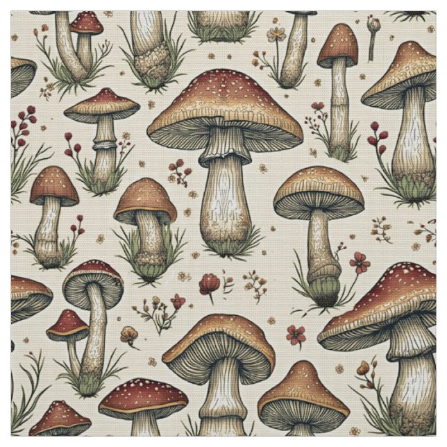 Tecido Padrão Botânico de Cogumelos em Castanho e bege (Modelo)