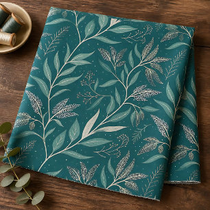 Tecido Padrão Botânico de Folhas Terrosas em Verde-Teal P
