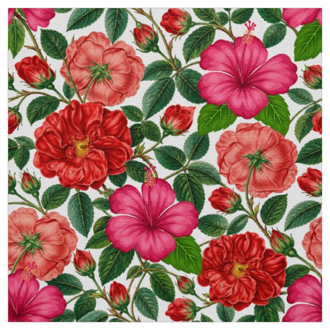 Tecido Padrão Botânico de Hibisco e Rosa (Modelo)