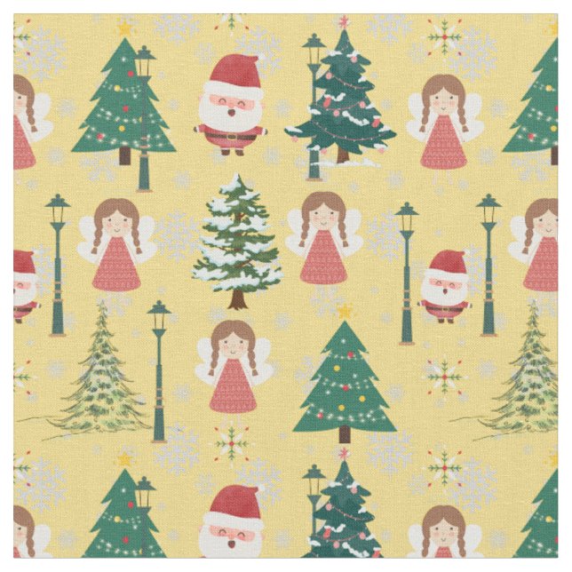 Tecido Padrão brilhante Árvores de Natal e papais noeis d (Detalhe)