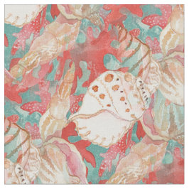 Tecido Padrão Chic Aqua Turquoise Coral Red Seashells