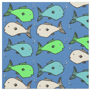 Tecido Padrão Colorido de Peixe em Segundo Plano Azul Es