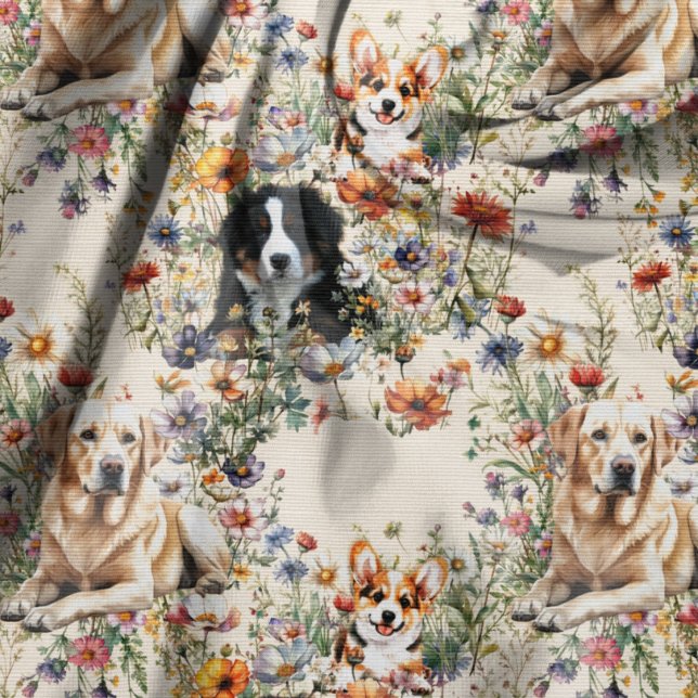 Tecido Padrão contínuo de cachorros e flores silvestres (Criador carregado)