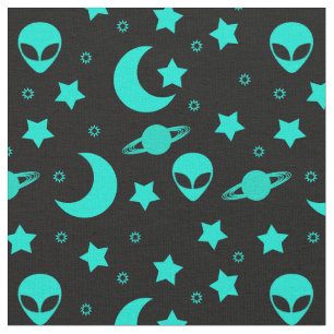 Tecido Padrão de Alien Turquesa com Estrelas e Luas