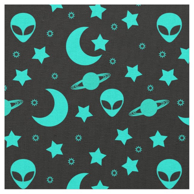 Tecido Padrão de Alien Turquesa com Estrelas e Luas (Detalhe)