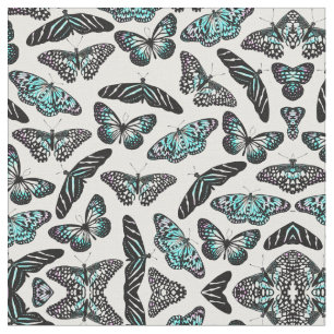 Tecido Padrão de Aqua Teal Black Butterflies Watercolor