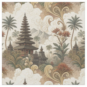 Tecido Padrão de Arte Mural Tropical do Templo Balinês Vi