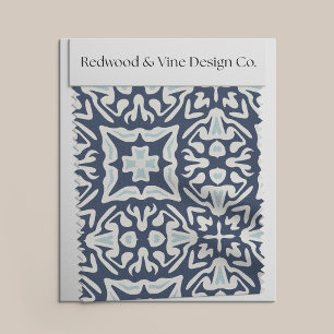 Tecido Padrão de Azulejo espanhol branco e marinho