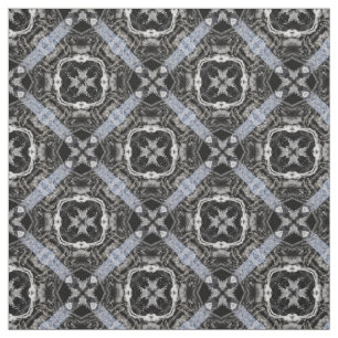 Tecido Padrão de Azulejos Prateado, Branco e Preto