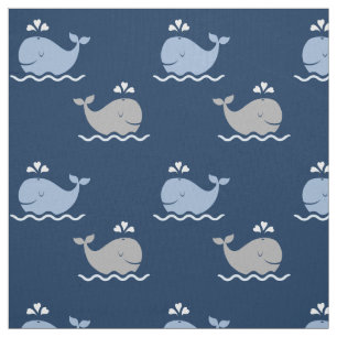 Tecido Padrão de Baleias Náuticas Azul-Navy e Cinza Fofo