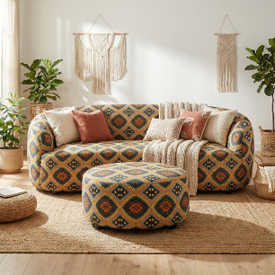 Tecido Padrão de Boho Étnico Negro de Turquesa Laranja