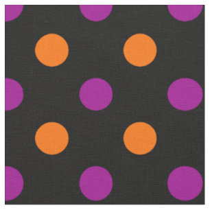 Tecido Padrão de bolinhas laranja e roxo em fundo preto