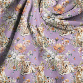 Tecido Padrão de Cães Lab Amarelos e Flores Silvestres