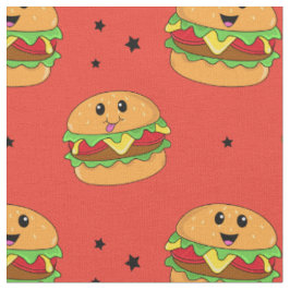 Tecido Padrão de Cheeseburger de Kawaii Cute em Vermelho
