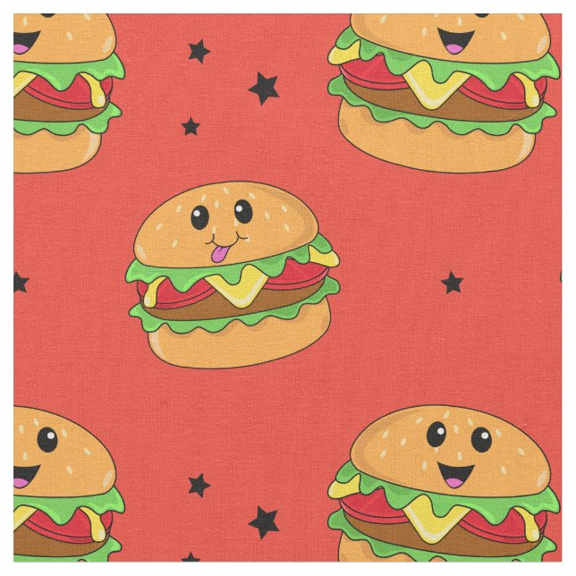 Tecido Padrão de Cheeseburger de Kawaii Cute em Vermelho (Detalhe)