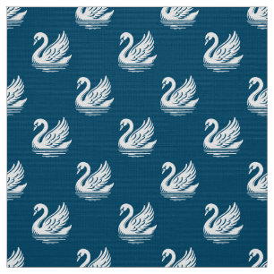 Tecido Padrão de Cisne - Branco no Azul Oceânico