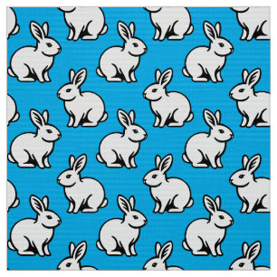 Tecido Padrão de coelhos - Preto e Branco com Azul-Céu