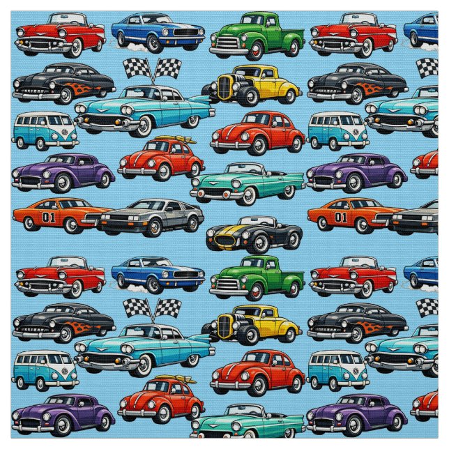 Tecido Padrão de Colagem de Carros Clássicos Vintage (Modelo)