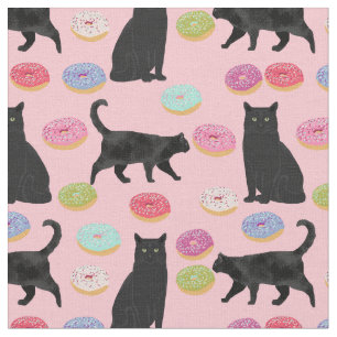 Tecido padrão de cor-de-rosa rosquinha e gato preto