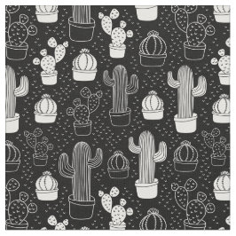Tecido Padrão de Doodle do Cactus Preto e Branco