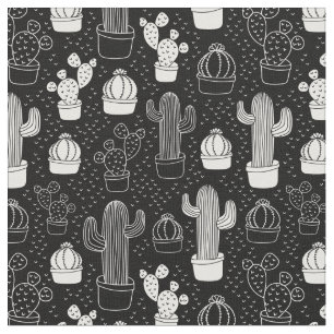 Tecido Padrão de Doodle do Cactus Preto e Branco