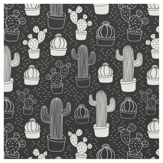 Tecido Padrão de Doodle do Cactus Preto e Branco (Detalhe)