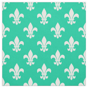 Tecido Padrão de Fleur De Lis, Branco e Verde Caribe