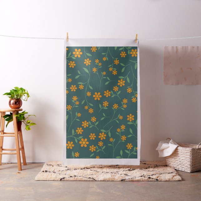 Tecido Padrão de Flor Laranja Retro com Azul Teal Escuro (In Situ)