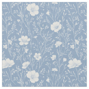 Tecido Padrão de Flor Silvestre Azul e Branco Atenuado