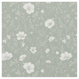 Tecido Padrão de Flor Silvestre Verde Sage Silenciado e B