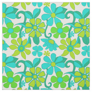 Tecido Padrão de Flores de Hippie Azul Verde dos anos 60