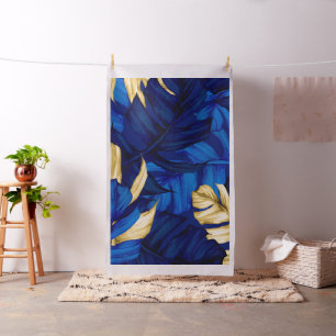 Tecido Padrão de Floresta Tropical Azul e Dourada