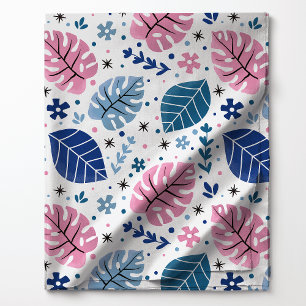 Tecido Padrão de Folha Monstera Tropical Rosa e Azul
