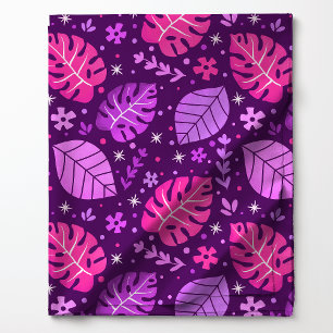 Tecido Padrão de Folha Monstera Tropical Rosa e Roxo