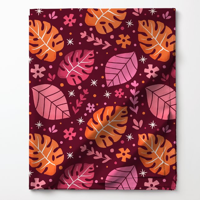 Tecido Padrão de Folha Tropical Monstera Rosa e Laranja (Criador carregado)