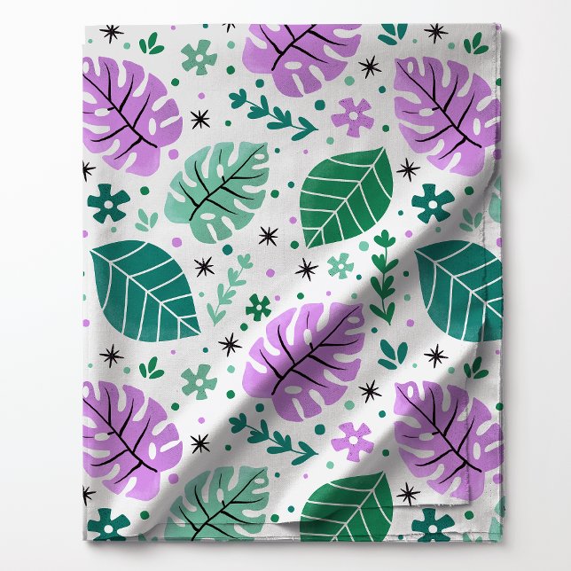 Tecido Padrão de Folha Tropical Monstera Verde e Roxo (Criador carregado)