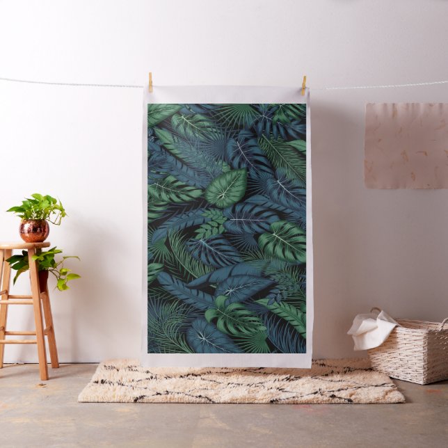 Tecido Padrão de Folhas Tropicais à Meia-Noite (In Situ)