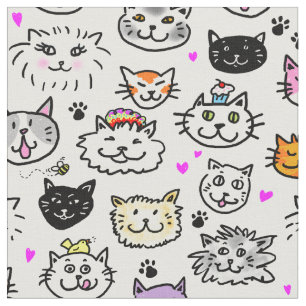 Tecido Padrão de Gato Whimsical Faces