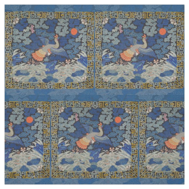 Tecido Padrão de Grou Chinês Vintage: Azul Imperial (Modelo)
