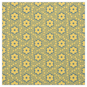 Tecido Padrão de Hexágono de Flor Retro - Amarelo e Azul