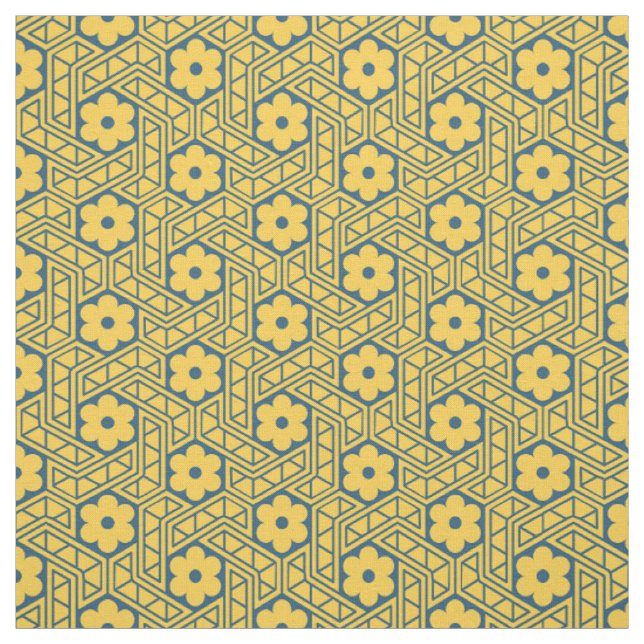 Tecido Padrão de Hexágono de Flor Retro - Amarelo e Azul (Modelo)