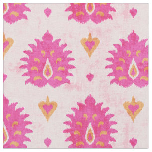 Tecido Padrão de ikat cinza-rosa-chic e damask-dourado