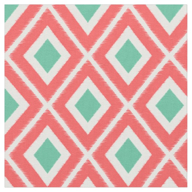Tecido Padrão de Ikat Verde e Coral Moderno (Detalhe)