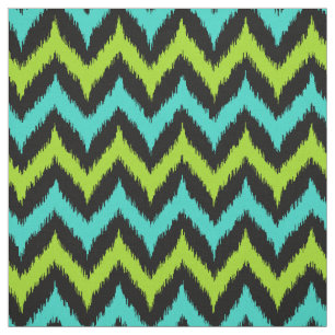 Tecido Padrão de Ikat Zigzag preto, turquesa e verde