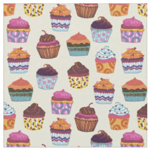 Tecido Padrão de Ilustração de Cupcakes Coloridos Quirky