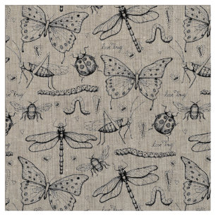 Tecido Padrão de Ilustração de Insetos Elegantes de Linen