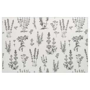 Tecido Padrão de Jardim de Plantas Brancas Negras Elegant