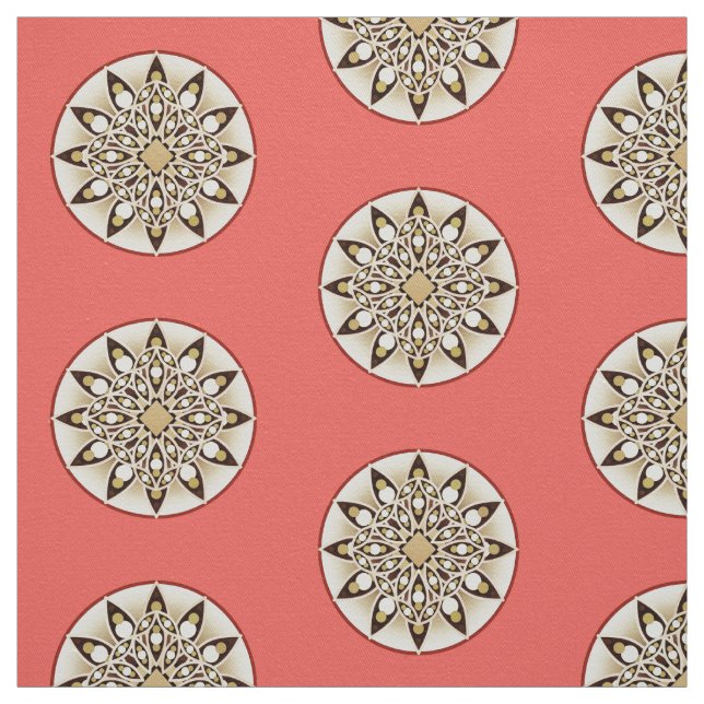Tecido Padrão de mandala, coral, castanho e bege (Modelo)