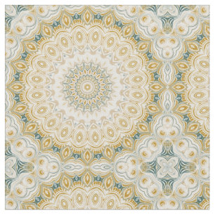 Tecido Padrão de Mandala Dourado e Branco com Acentos em